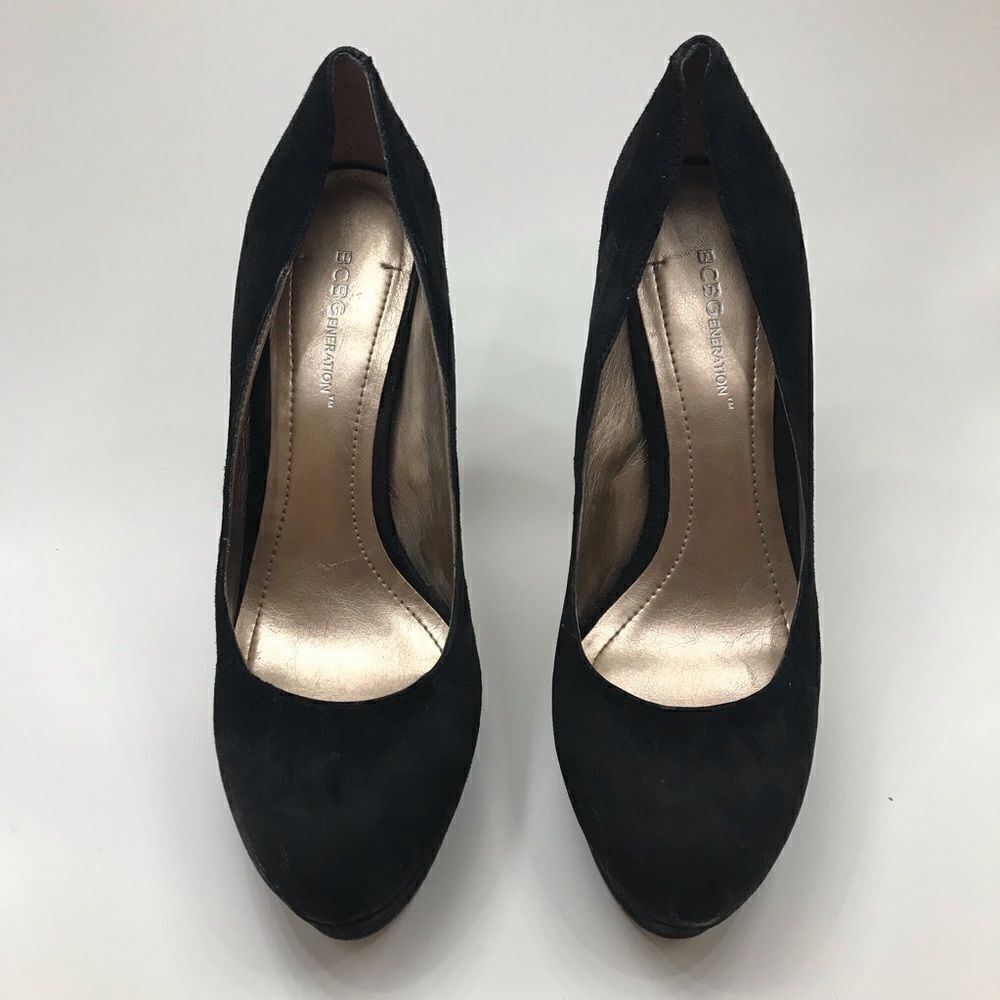 BCBGENERATION Vintage Y2K Platform black suede heels with metallic sole.